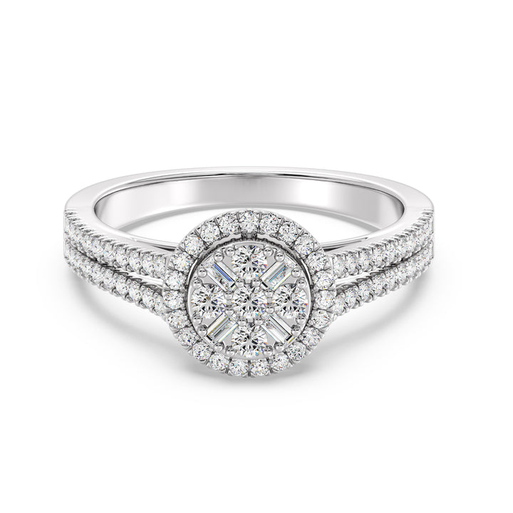 Image of the White Gold 0.65 CTTW EF-VS Lab-Grown Round & Baguette Diamond Cluster Double Halo Engagement Ring, highlighting 72 dazzling diamonds in a sophisticated 18K white gold band.
