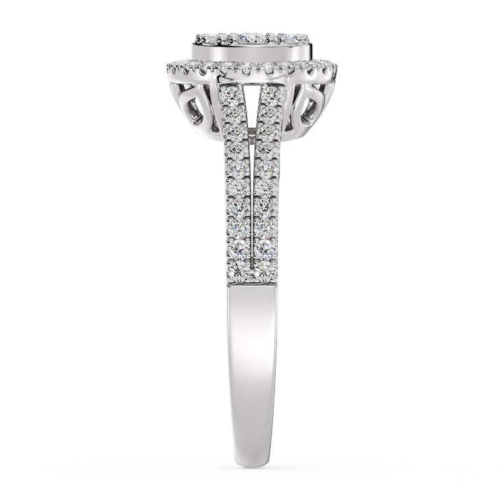 Image of the White Gold 0.65 CTTW EF-VS Lab-Grown Round & Baguette Diamond Cluster Double Halo Engagement Ring, highlighting 72 dazzling diamonds in a sophisticated 18K white gold band.