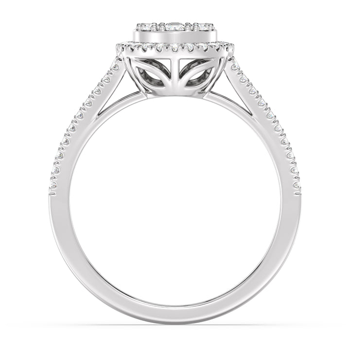Image of the White Gold 0.65 CTTW EF-VS Lab-Grown Round & Baguette Diamond Cluster Double Halo Engagement Ring, highlighting 72 dazzling diamonds in a sophisticated 18K white gold band.