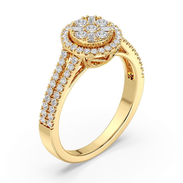 Image of the Yellow Gold 0.65 CTTW EF-VS Lab-Grown Round & Baguette Diamond Cluster Double Halo Engagement Ring, featuring 72 sparkling diamonds set in a luxurious 18K yellow gold band.
