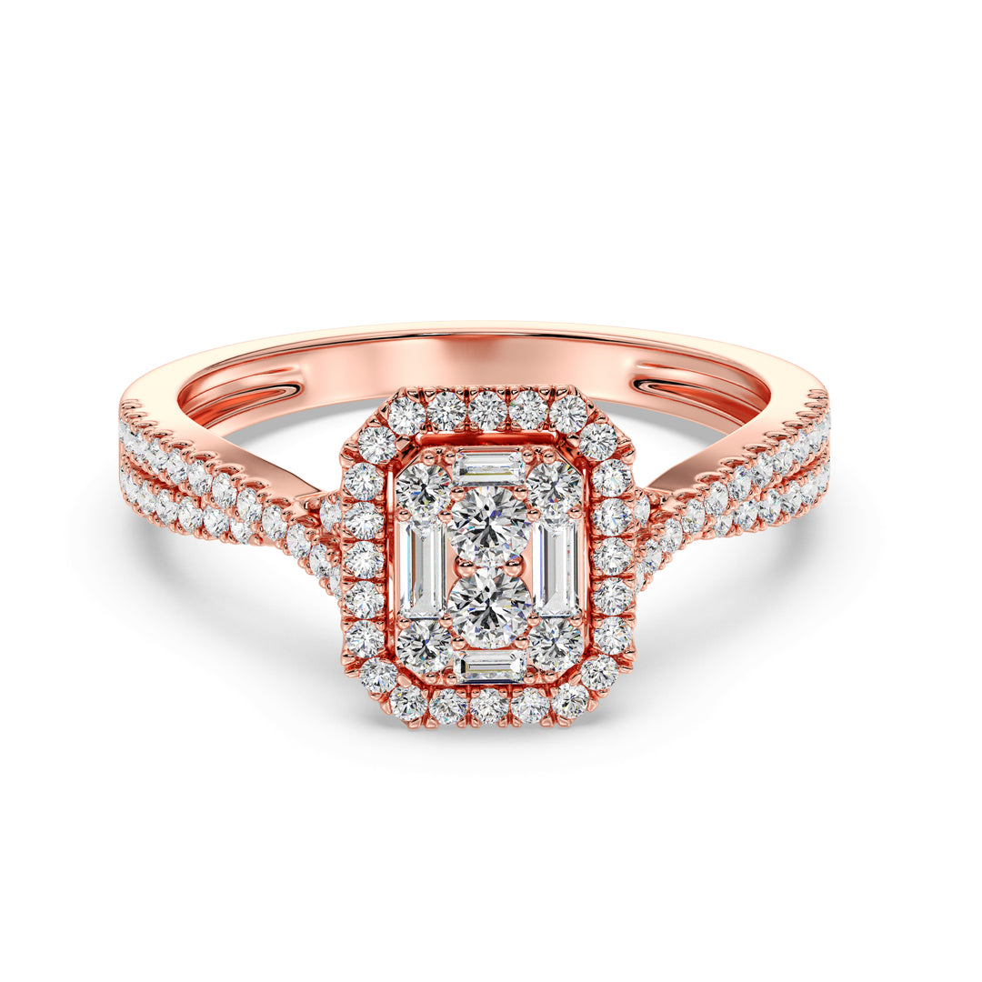 Image of a 0.67 CTW Round & Baguette EF-VS Lab-Grown Diamond Emerald Cluster Halo Engagement Ring in Rose 18K Gold, showcasing 76 brilliant round and baguette-cut diamonds in a warm, romantic setting.