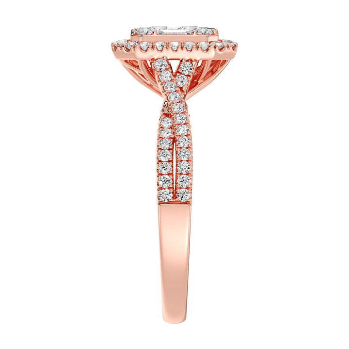 Image of a 0.67 CTW Round & Baguette EF-VS Lab-Grown Diamond Emerald Cluster Halo Engagement Ring in Rose 18K Gold, showcasing 76 brilliant round and baguette-cut diamonds in a warm, romantic setting.