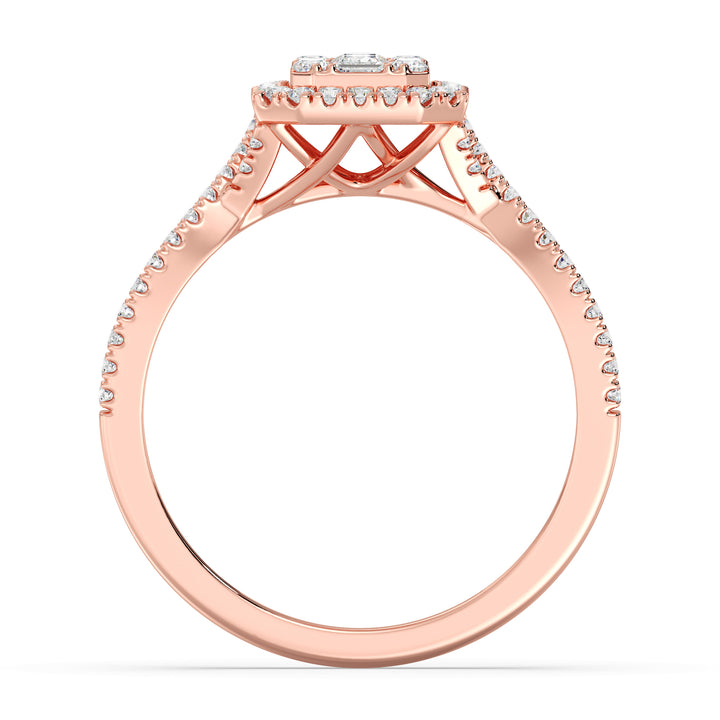 Image of a 0.67 CTW Round & Baguette EF-VS Lab-Grown Diamond Emerald Cluster Halo Engagement Ring in Rose 18K Gold, showcasing 76 brilliant round and baguette-cut diamonds in a warm, romantic setting.