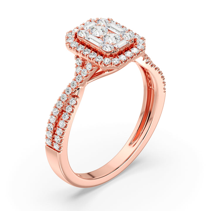 Image of a 0.67 CTW Round & Baguette EF-VS Lab-Grown Diamond Emerald Cluster Halo Engagement Ring in Rose 18K Gold, showcasing 76 brilliant round and baguette-cut diamonds in a warm, romantic setting.