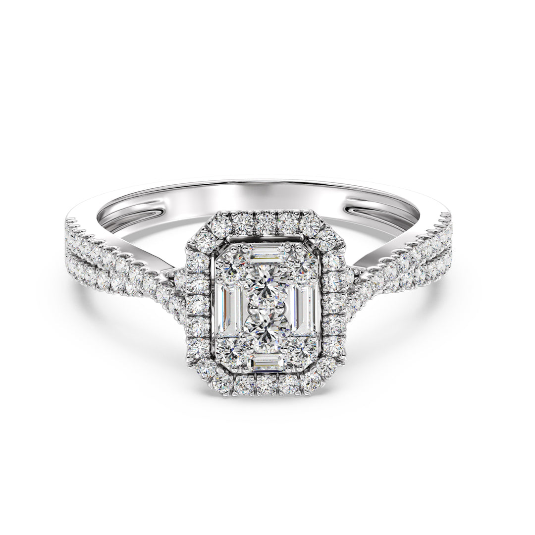 Image of a 0.67 CTW Round & Baguette EF-VS Lab-Grown Diamond Emerald Cluster Halo Engagement Ring in White 18K Gold, highlighting 76 dazzling round and baguette-cut diamonds for a sleek and elegant look.