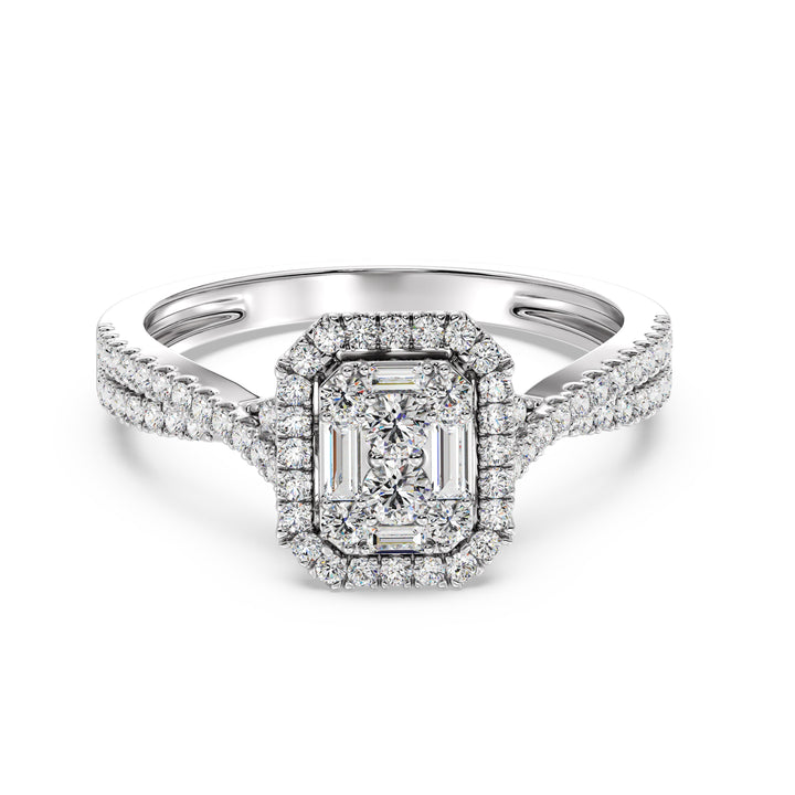 Image of a 0.67 CTW Round & Baguette EF-VS Lab-Grown Diamond Emerald Cluster Halo Engagement Ring in White 18K Gold, highlighting 76 dazzling round and baguette-cut diamonds for a sleek and elegant look.