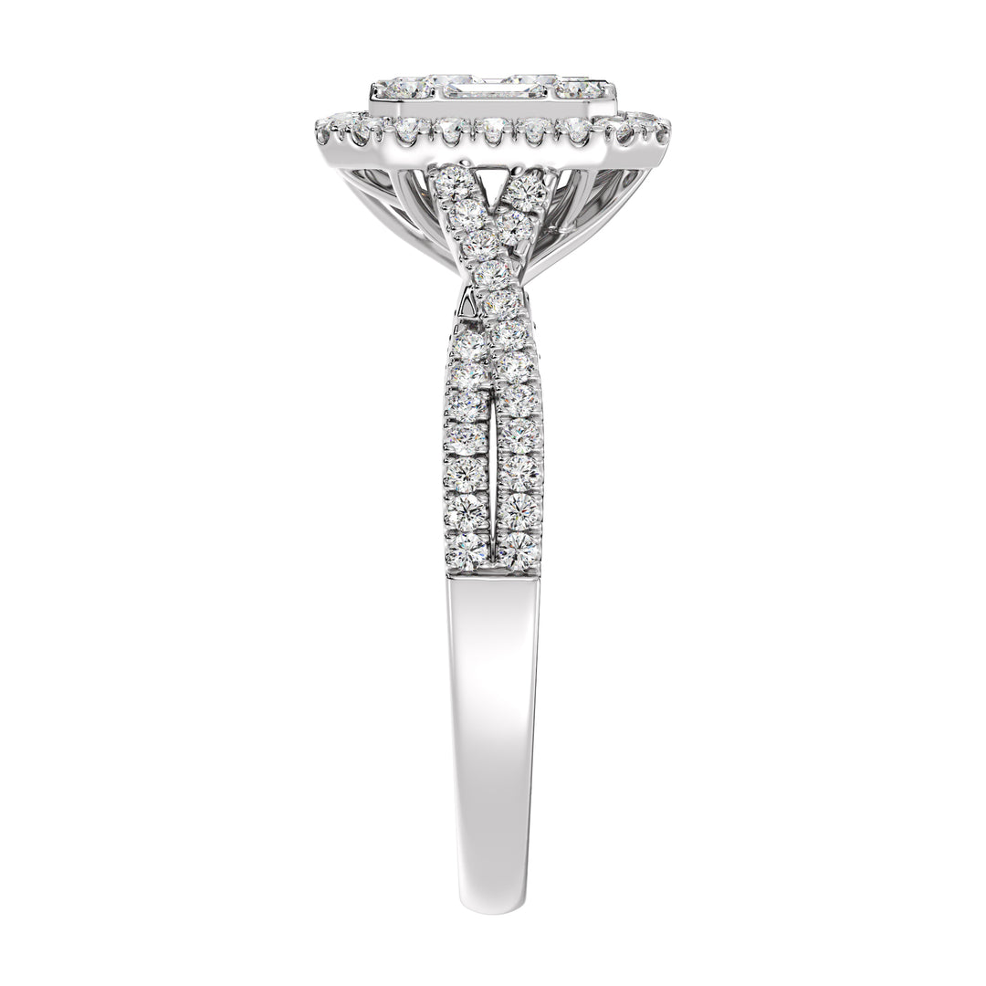 Image of a 0.67 CTW Round & Baguette EF-VS Lab-Grown Diamond Emerald Cluster Halo Engagement Ring in White 18K Gold, highlighting 76 dazzling round and baguette-cut diamonds for a sleek and elegant look.