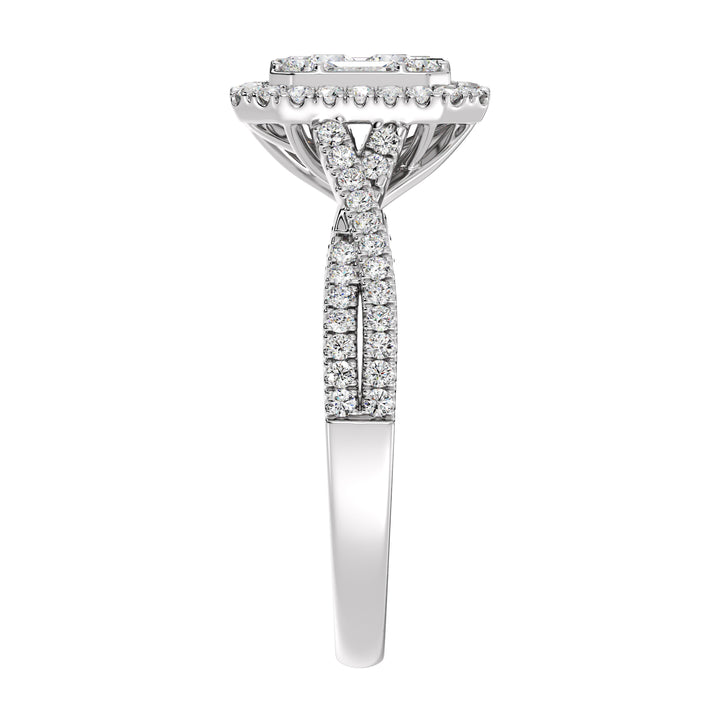 Image of a 0.67 CTW Round & Baguette EF-VS Lab-Grown Diamond Emerald Cluster Halo Engagement Ring in White 18K Gold, highlighting 76 dazzling round and baguette-cut diamonds for a sleek and elegant look.