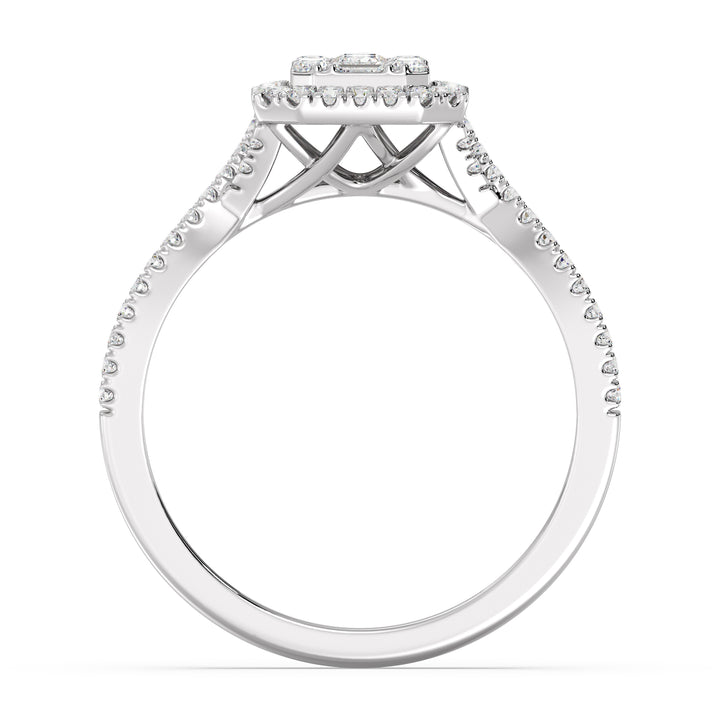 Image of a 0.67 CTW Round & Baguette EF-VS Lab-Grown Diamond Emerald Cluster Halo Engagement Ring in White 18K Gold, highlighting 76 dazzling round and baguette-cut diamonds for a sleek and elegant look.