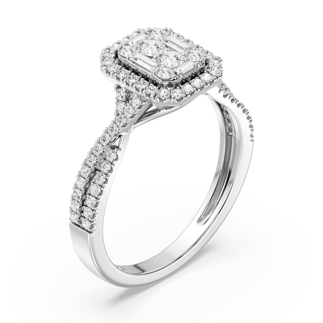 Image of a 0.67 CTW Round & Baguette EF-VS Lab-Grown Diamond Emerald Cluster Halo Engagement Ring in White 18K Gold, highlighting 76 dazzling round and baguette-cut diamonds for a sleek and elegant look.