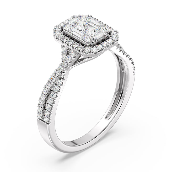 Image of a 0.67 CTW Round & Baguette EF-VS Lab-Grown Diamond Emerald Cluster Halo Engagement Ring in White 18K Gold, highlighting 76 dazzling round and baguette-cut diamonds for a sleek and elegant look.
