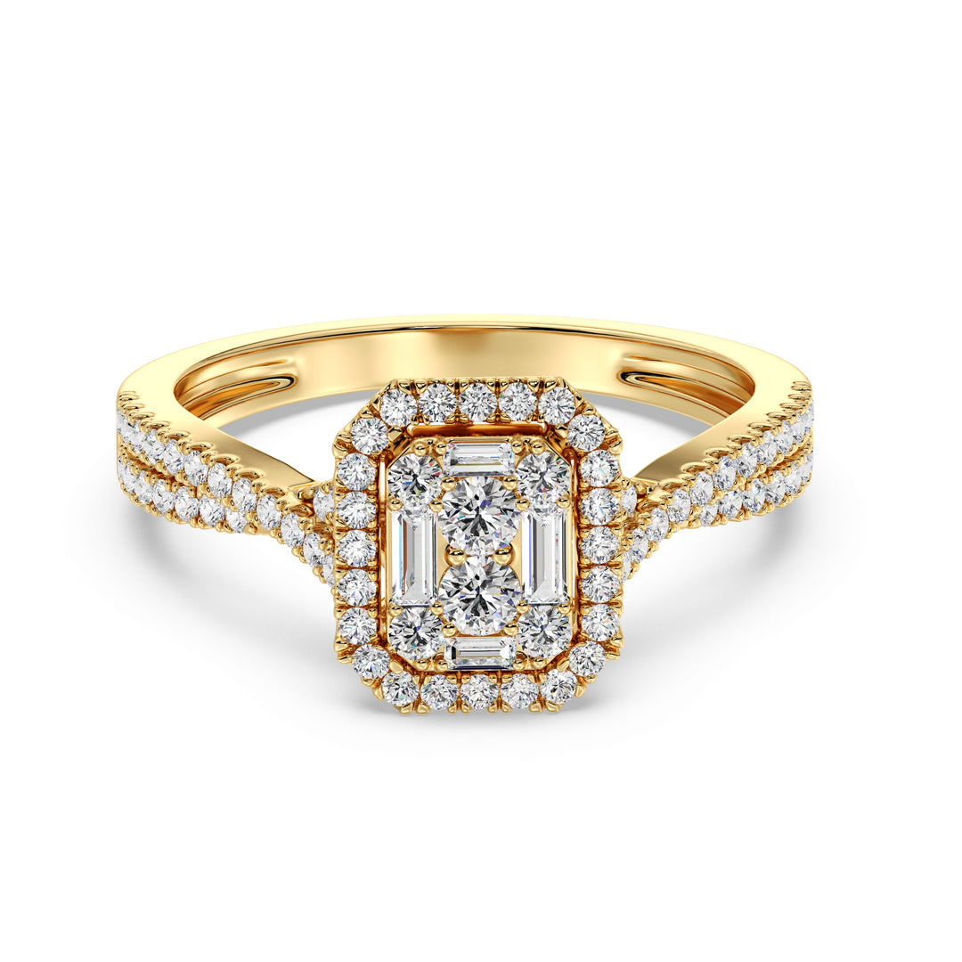 Image of a 0.67 CTW Round & Baguette EF-VS Lab-Grown Diamond Emerald Cluster Halo Engagement Ring in Yellow 18K Gold, featuring 76 sparkling round and baguette-cut diamonds set in a timeless design