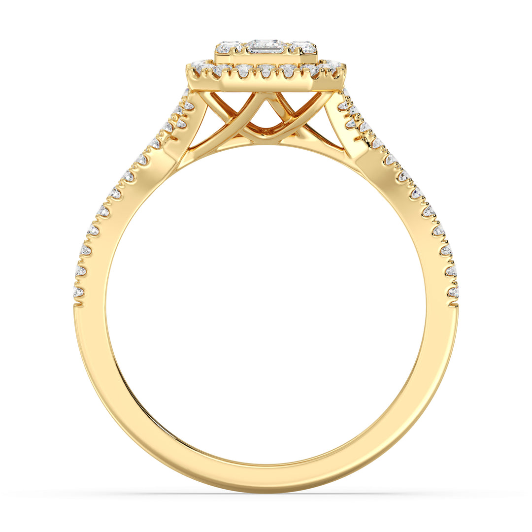 Image of a 0.67 CTW Round & Baguette EF-VS Lab-Grown Diamond Emerald Cluster Halo Engagement Ring in Yellow 18K Gold, featuring 76 sparkling round and baguette-cut diamonds set in a timeless design