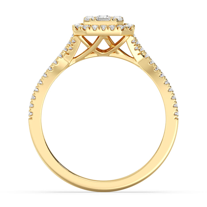 Image of a 0.67 CTW Round & Baguette EF-VS Lab-Grown Diamond Emerald Cluster Halo Engagement Ring in Yellow 18K Gold, featuring 76 sparkling round and baguette-cut diamonds set in a timeless design