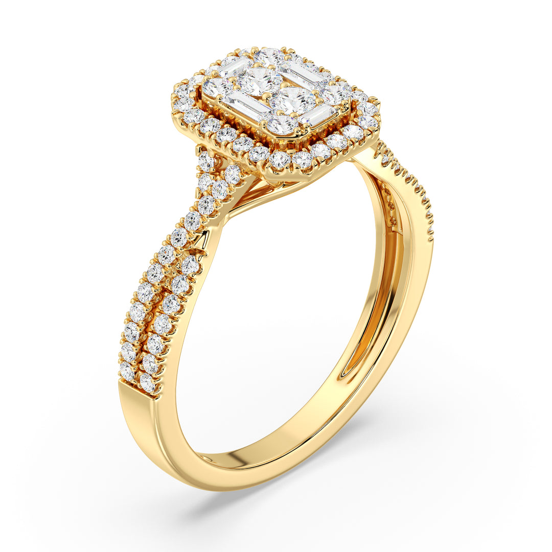 Image of a 0.67 CTW Round & Baguette EF-VS Lab-Grown Diamond Emerald Cluster Halo Engagement Ring in Yellow 18K Gold, featuring 76 sparkling round and baguette-cut diamonds set in a timeless design