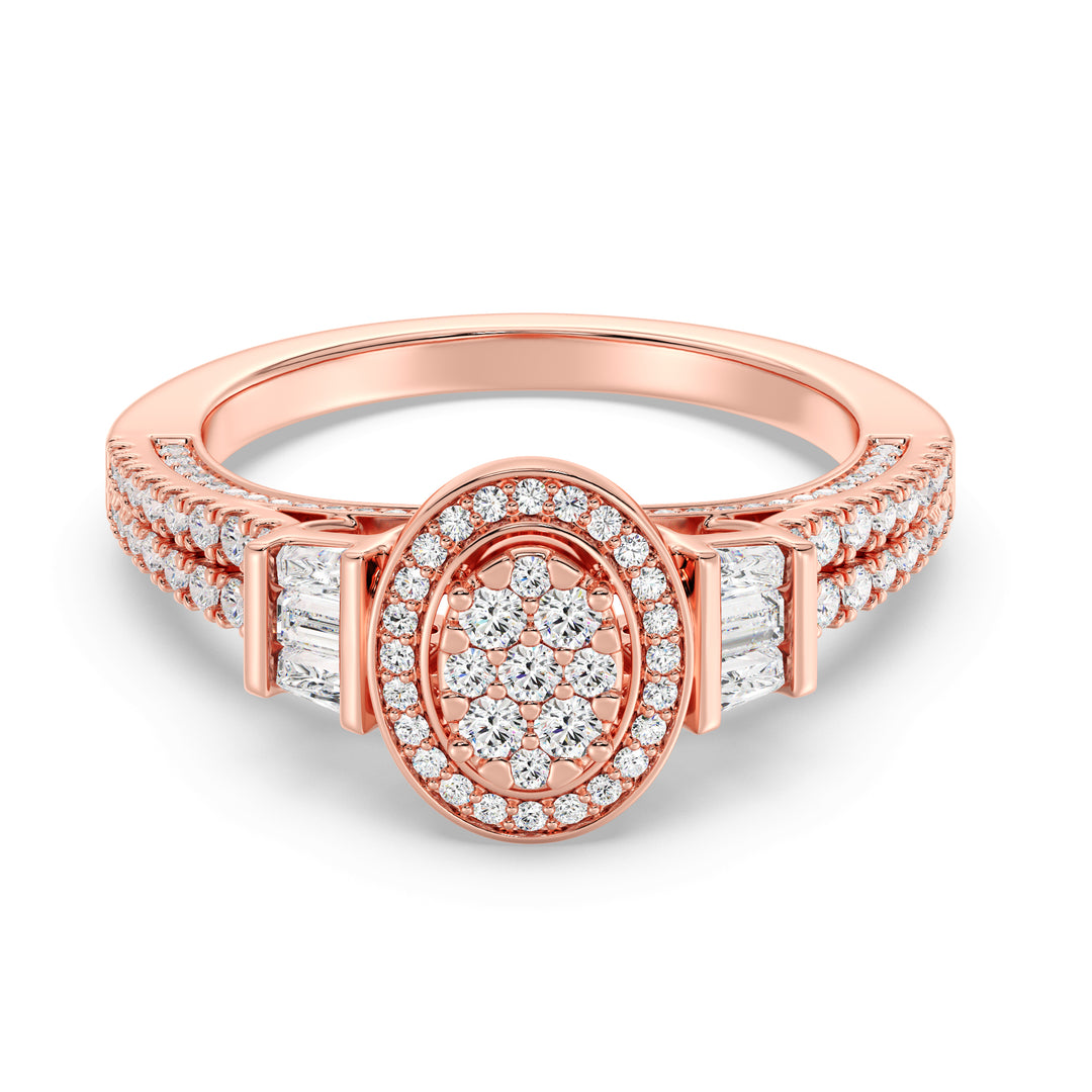0.96 CTW Oval Halo Engagement Ring in rose gold, showcasing 147 EF-VS lab-grown diamonds in round and tapered baguette shapes, elegantly set in a radiant oval halo design.