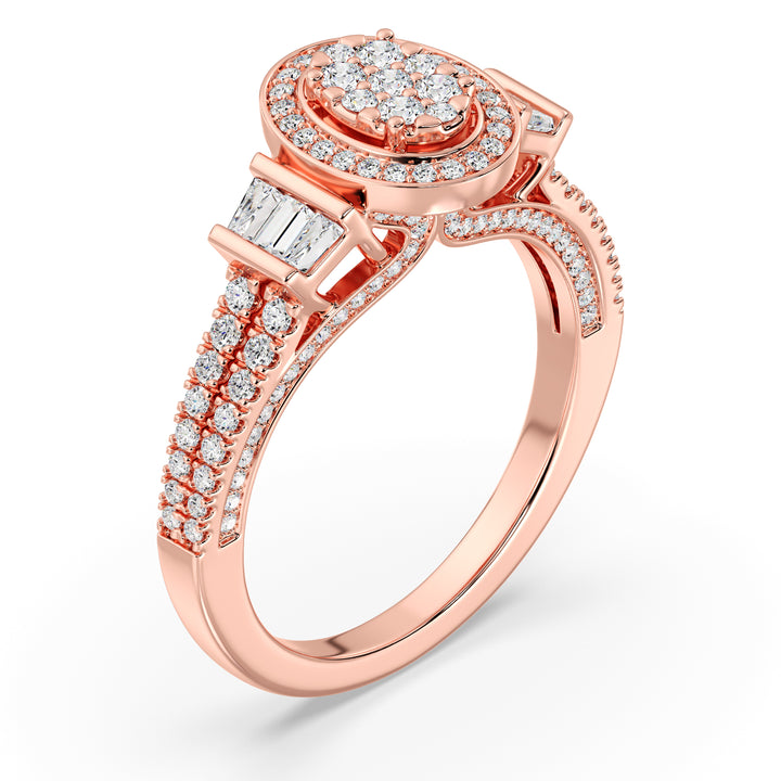 0.96 CTW Oval Halo Engagement Ring in rose gold, showcasing 147 EF-VS lab-grown diamonds in round and tapered baguette shapes, elegantly set in a radiant oval halo design.