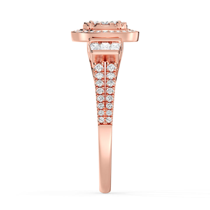 0.96 CTW Oval Halo Engagement Ring in rose gold, showcasing 147 EF-VS lab-grown diamonds in round and tapered baguette shapes, elegantly set in a radiant oval halo design.