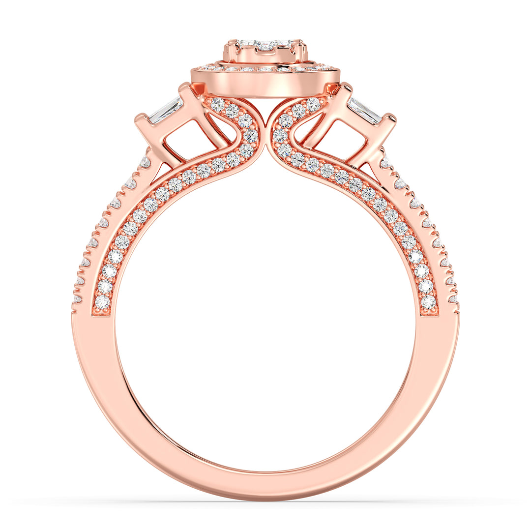 0.96 CTW Oval Halo Engagement Ring in rose gold, showcasing 147 EF-VS lab-grown diamonds in round and tapered baguette shapes, elegantly set in a radiant oval halo design.