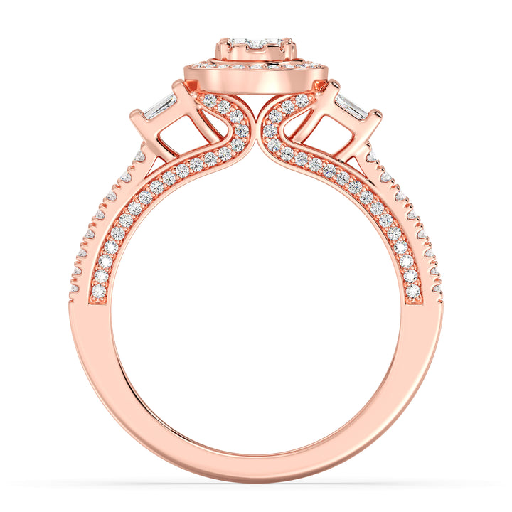 0.96 CTW Oval Halo Engagement Ring in rose gold, showcasing 147 EF-VS lab-grown diamonds in round and tapered baguette shapes, elegantly set in a radiant oval halo design.