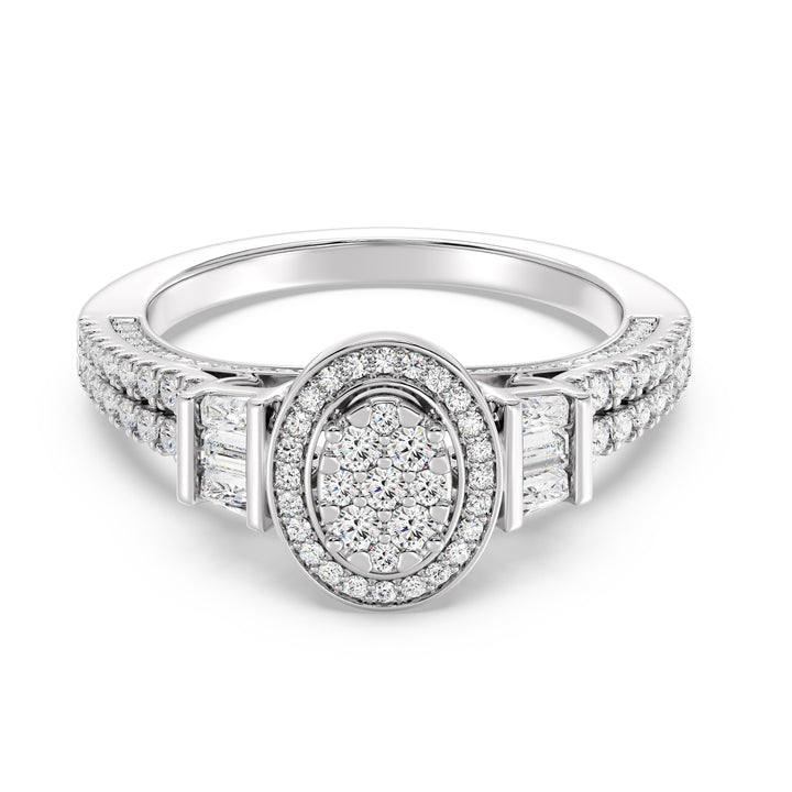 0.96 CTW Oval Halo Engagement Ring in white gold, featuring 147 EF-VS lab-grown diamonds in round and tapered baguette shapes, creating a timeless oval halo design