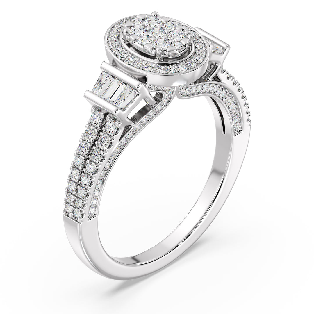 0.96 CTW Oval Halo Engagement Ring in white gold, featuring 147 EF-VS lab-grown diamonds in round and tapered baguette shapes, creating a timeless oval halo design