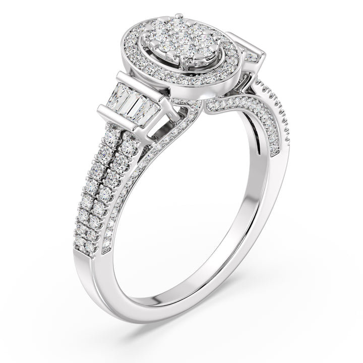 0.96 CTW Oval Halo Engagement Ring in white gold, featuring 147 EF-VS lab-grown diamonds in round and tapered baguette shapes, creating a timeless oval halo design