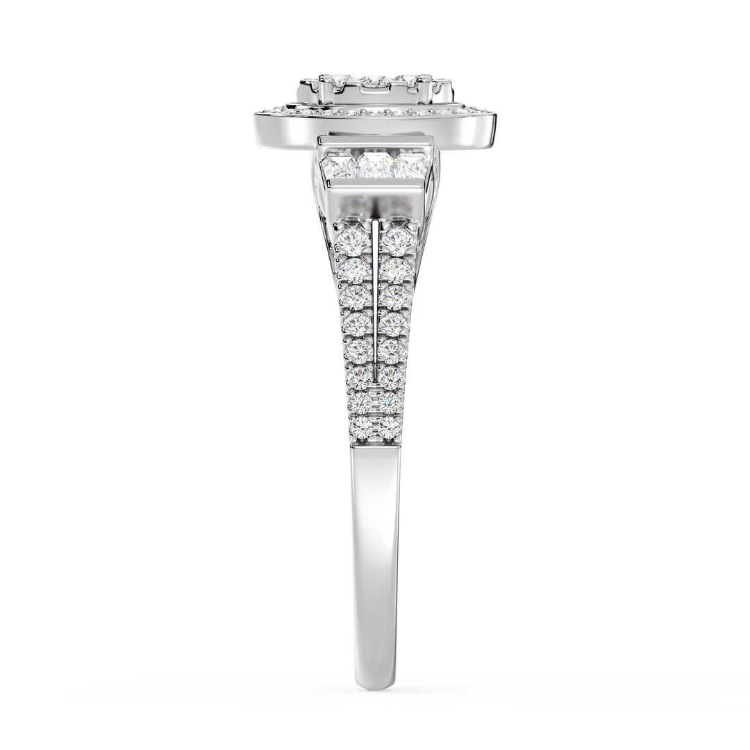 0.96 CTW Oval Halo Engagement Ring in white gold, featuring 147 EF-VS lab-grown diamonds in round and tapered baguette shapes, creating a timeless oval halo design
