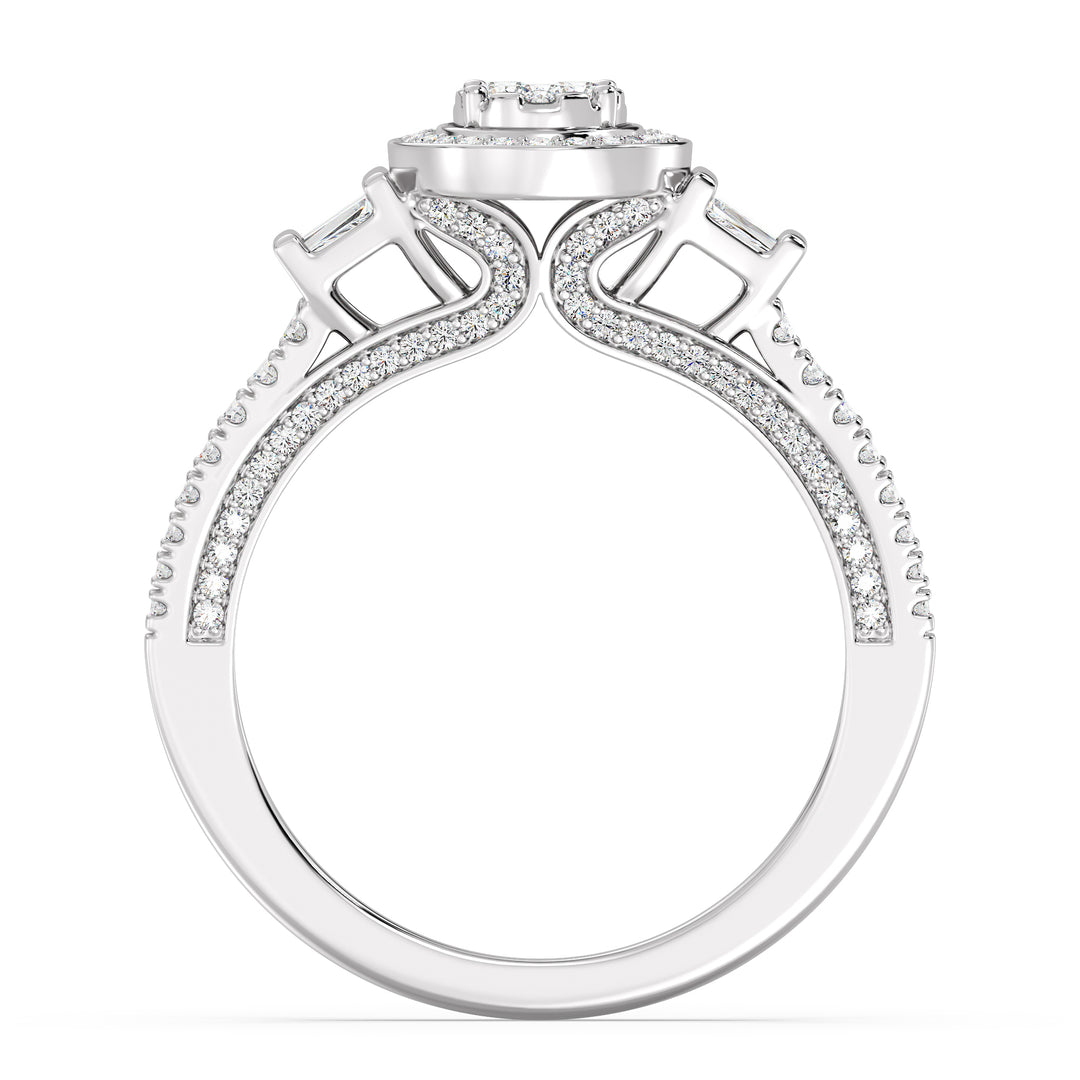 0.96 CTW Oval Halo Engagement Ring in white gold, featuring 147 EF-VS lab-grown diamonds in round and tapered baguette shapes, creating a timeless oval halo design