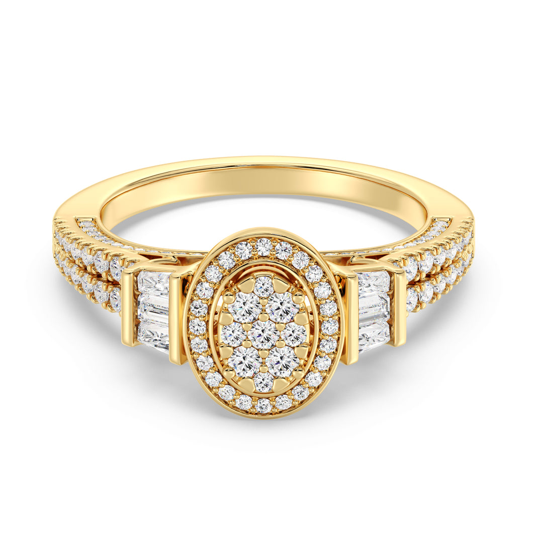 0.96 CTW Oval Halo Engagement Ring in yellow gold, adorned with 147 EF-VS lab-grown diamonds in round and tapered baguette shapes, featuring a dazzling oval halo design
