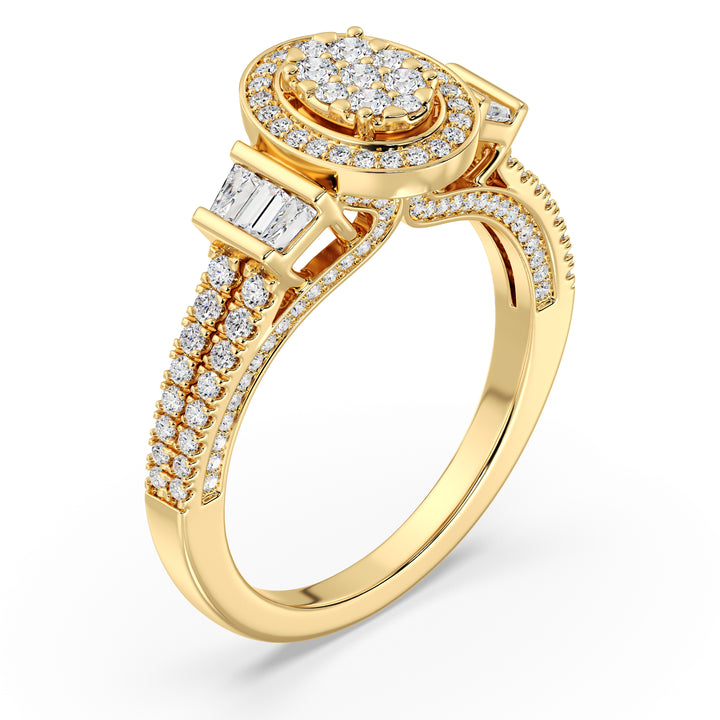 0.96 CTW Oval Halo Engagement Ring in yellow gold, adorned with 147 EF-VS lab-grown diamonds in round and tapered baguette shapes, featuring a dazzling oval halo design