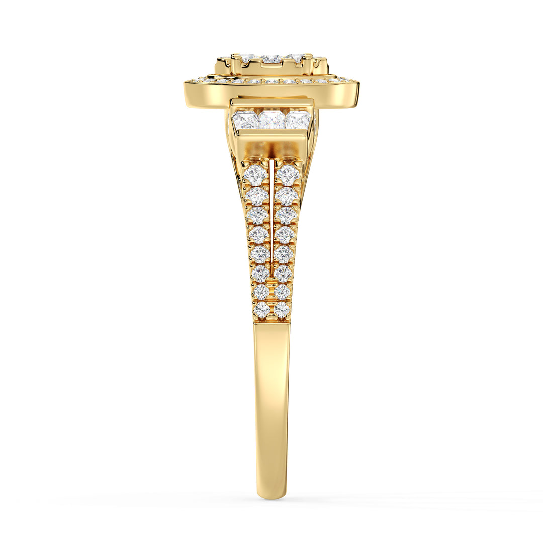 0.96 CTW Oval Halo Engagement Ring in yellow gold, adorned with 147 EF-VS lab-grown diamonds in round and tapered baguette shapes, featuring a dazzling oval halo design