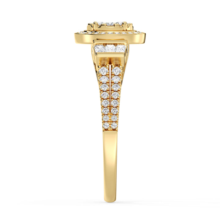 0.96 CTW Oval Halo Engagement Ring in yellow gold, adorned with 147 EF-VS lab-grown diamonds in round and tapered baguette shapes, featuring a dazzling oval halo design