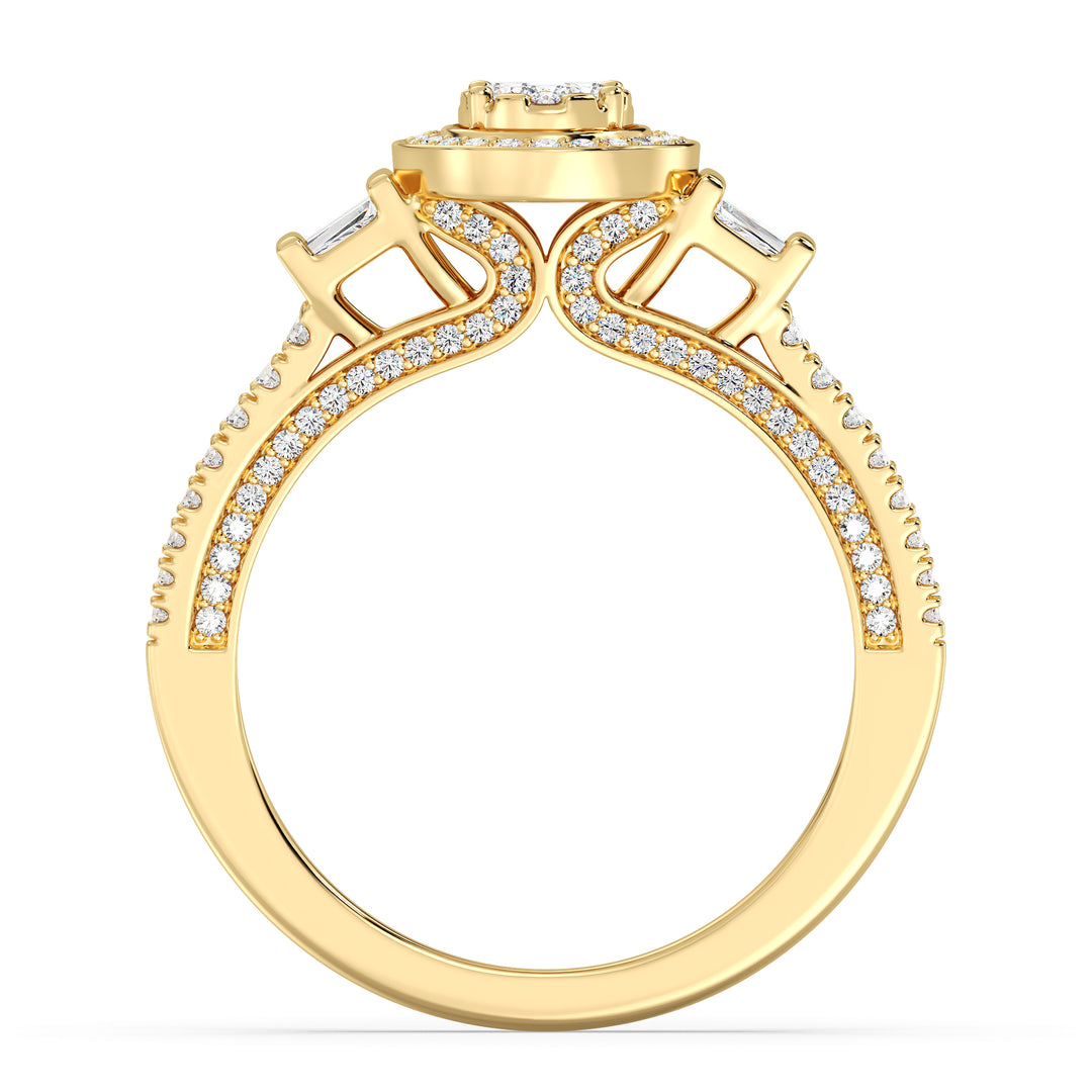 0.96 CTW Oval Halo Engagement Ring in yellow gold, adorned with 147 EF-VS lab-grown diamonds in round and tapered baguette shapes, featuring a dazzling oval halo design