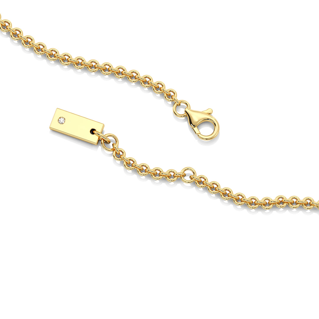 18K yellow gold Round Diamond Accent Halo Bezel Station Necklace featuring a 1.00ct IGI Certified lab-grown diamond at the center with a halo of smaller EF/VS diamonds and additional bezel-set diamonds on the chain
