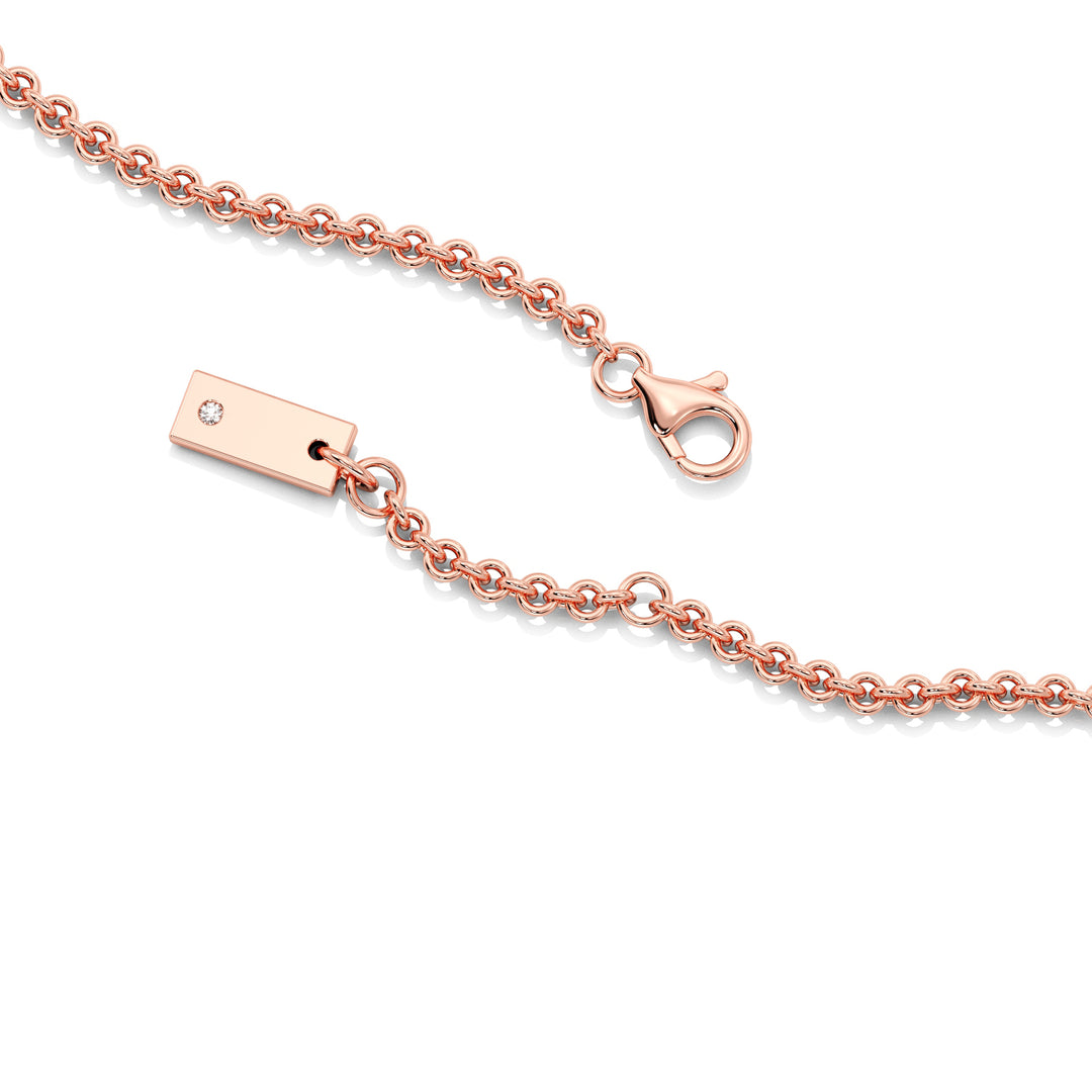 18K rose gold Round Diamond Accent Halo Bezel Station Necklace with a 1.00ct IGI Certified lab-grown diamond at the center, surrounded by EF/VS halo diamonds and bezel-set diamonds along the chain