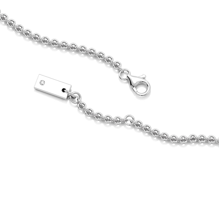 18K white gold Round Diamond Accent Halo Bezel Station Necklace showcasing a 1.00ct IGI Certified lab-grown diamond at the center, framed by EF/VS halo diamonds and additional bezel-set diamonds on the chain