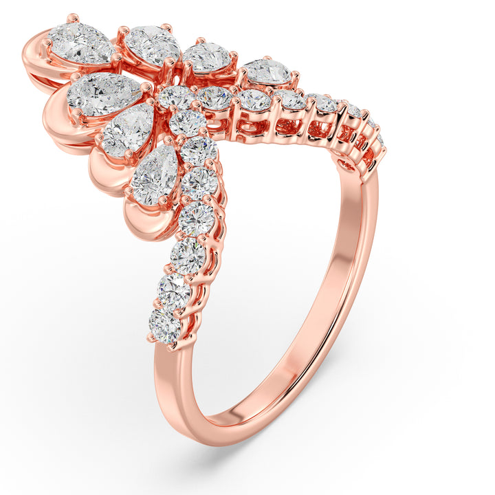 18K Rose Gold Blooming Floret Cather Ring featuring 7 pear-cut and 15 round-cut lab-grown diamonds, with a combined 1.45 carats, crafted in an elegant floral motif.