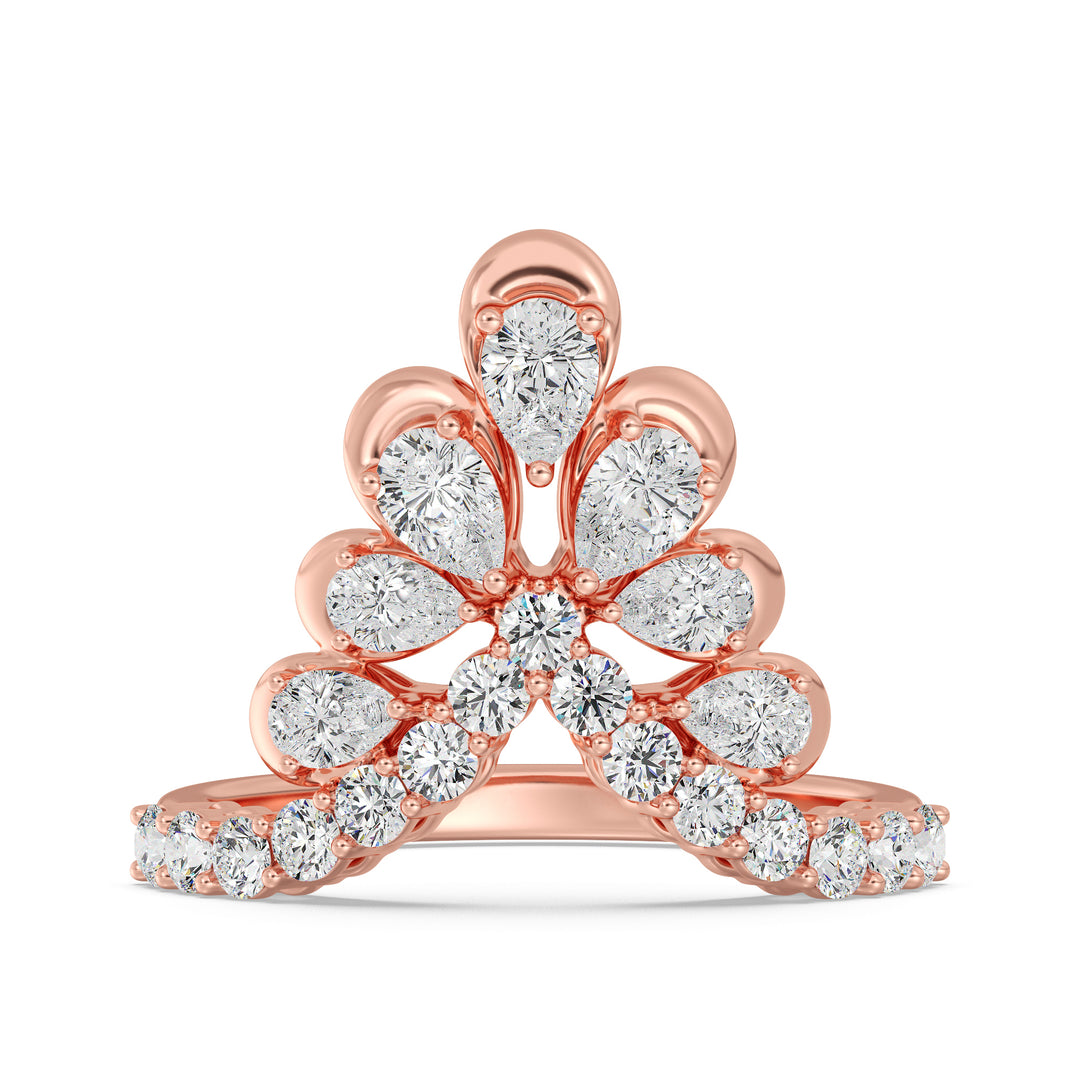 18K Rose Gold Blooming Floret Cather Ring featuring 7 pear-cut and 15 round-cut lab-grown diamonds, with a combined 1.45 carats, crafted in an elegant floral motif.