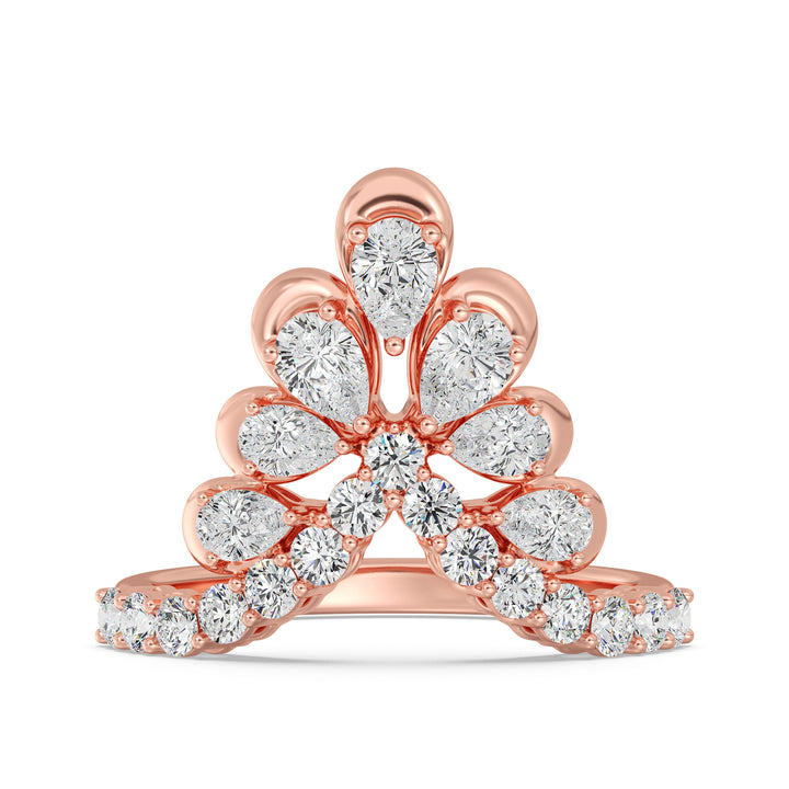 18K Rose Gold Blooming Floret Cather Ring featuring 7 pear-cut and 15 round-cut lab-grown diamonds, with a combined 1.45 carats, crafted in an elegant floral motif.