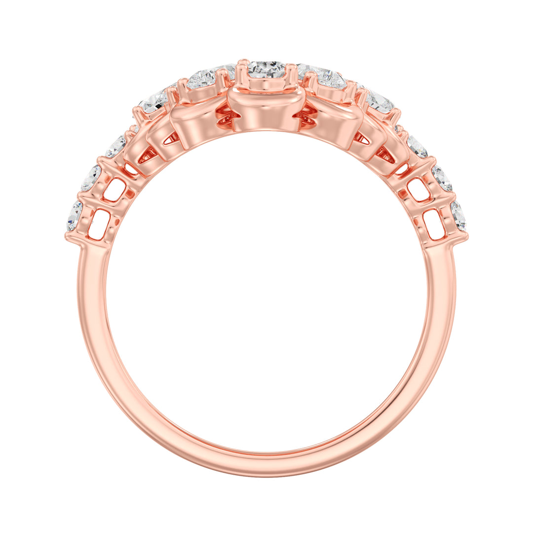 18K Rose Gold Blooming Floret Cather Ring featuring 7 pear-cut and 15 round-cut lab-grown diamonds, with a combined 1.45 carats, crafted in an elegant floral motif.