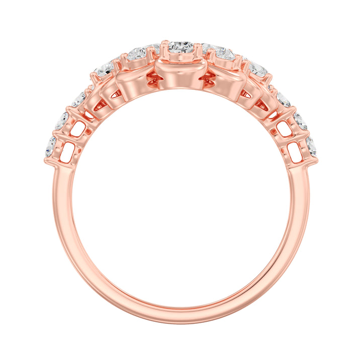 18K Rose Gold Blooming Floret Cather Ring featuring 7 pear-cut and 15 round-cut lab-grown diamonds, with a combined 1.45 carats, crafted in an elegant floral motif.