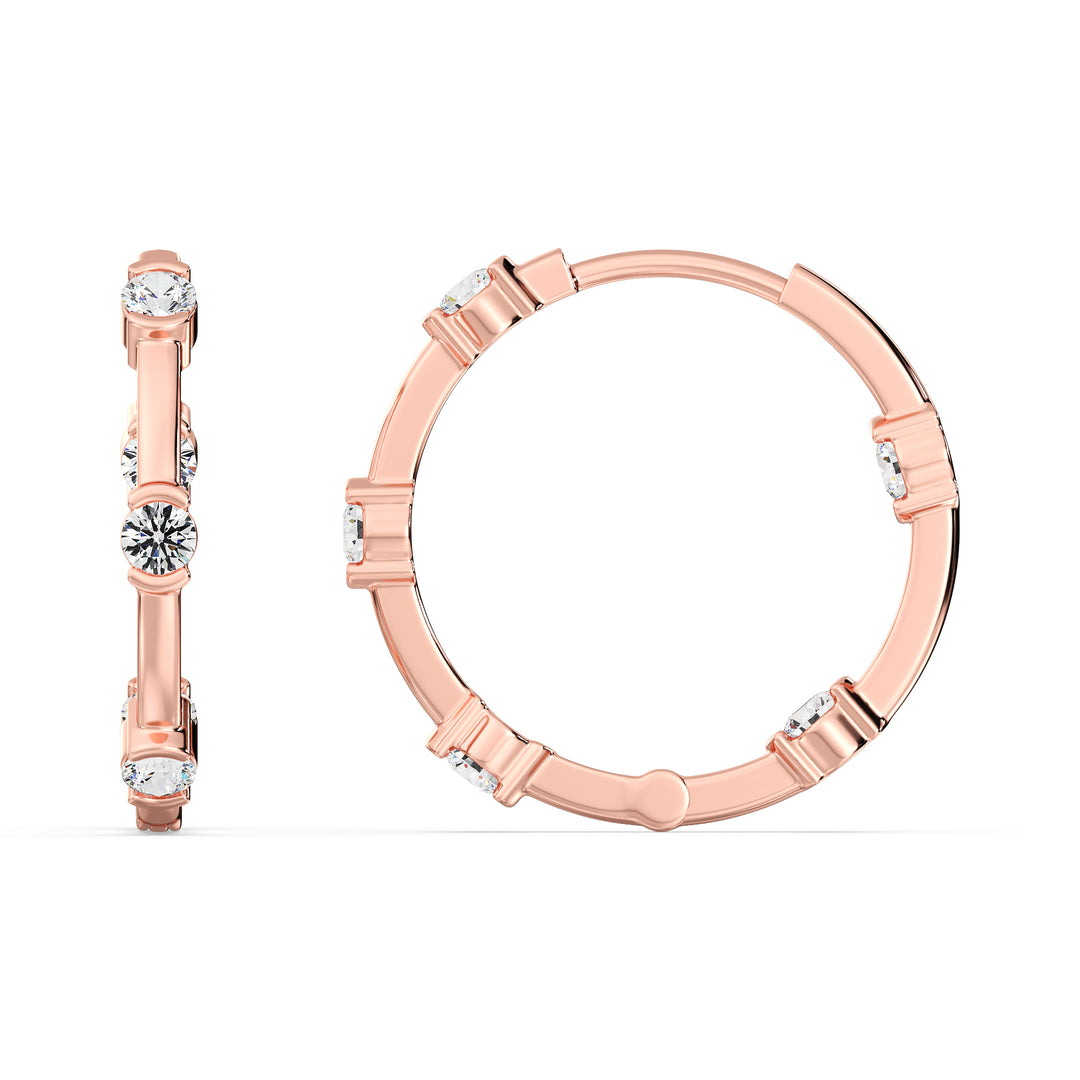 18K Rose Gold Hoop Earrings featuring 1.10 Ct EF/VS round lab-grown diamonds, highlighting a sophisticated and romantic look