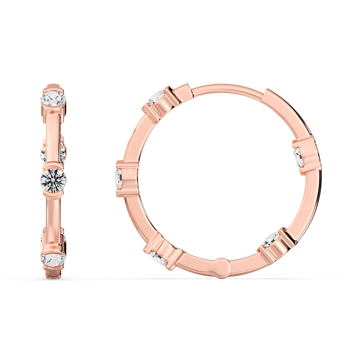 18K Rose Gold Hoop Earrings featuring 1.10 Ct EF/VS round lab-grown diamonds, highlighting a sophisticated and romantic look