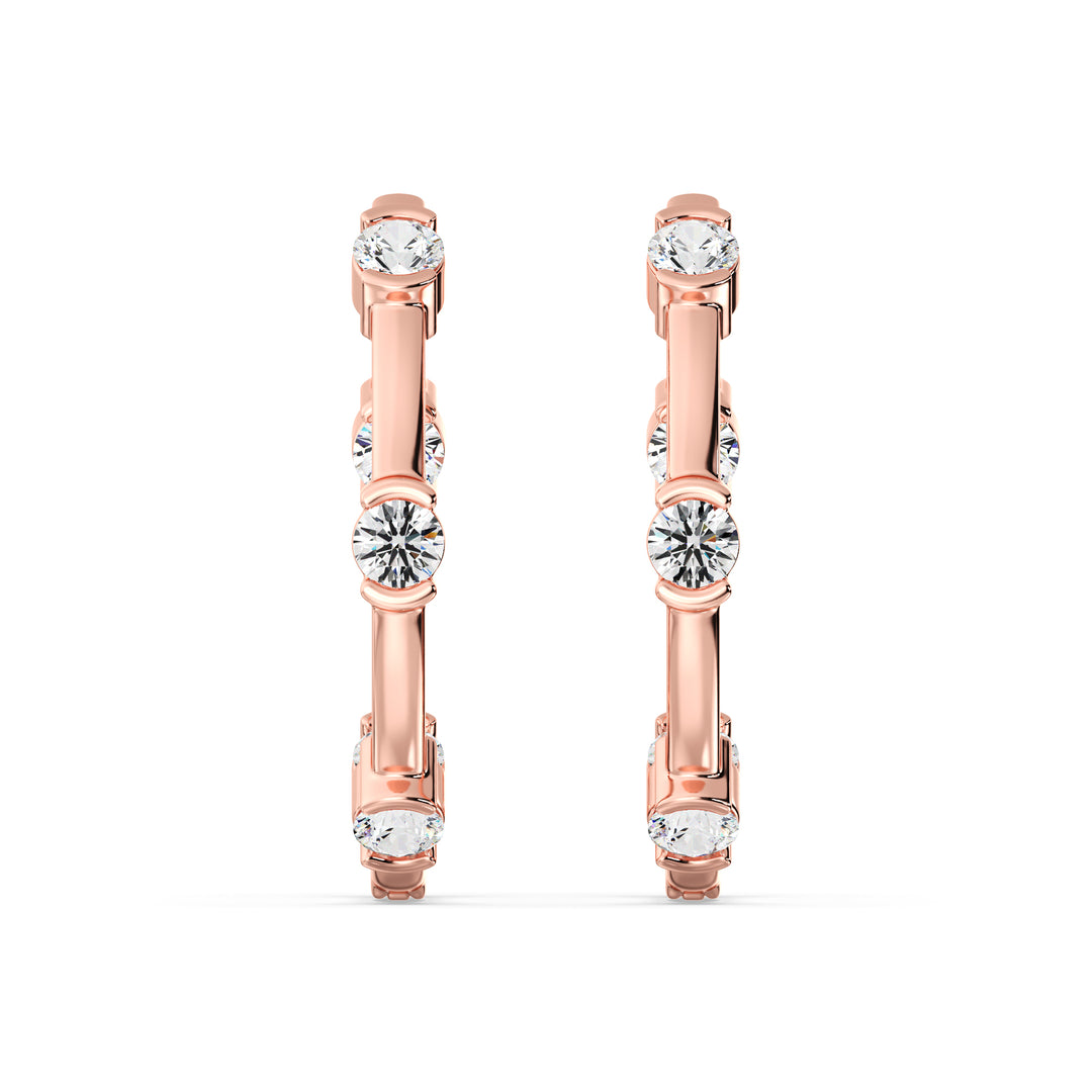 18K Rose Gold Hoop Earrings featuring 1.10 Ct EF/VS round lab-grown diamonds, highlighting a sophisticated and romantic look