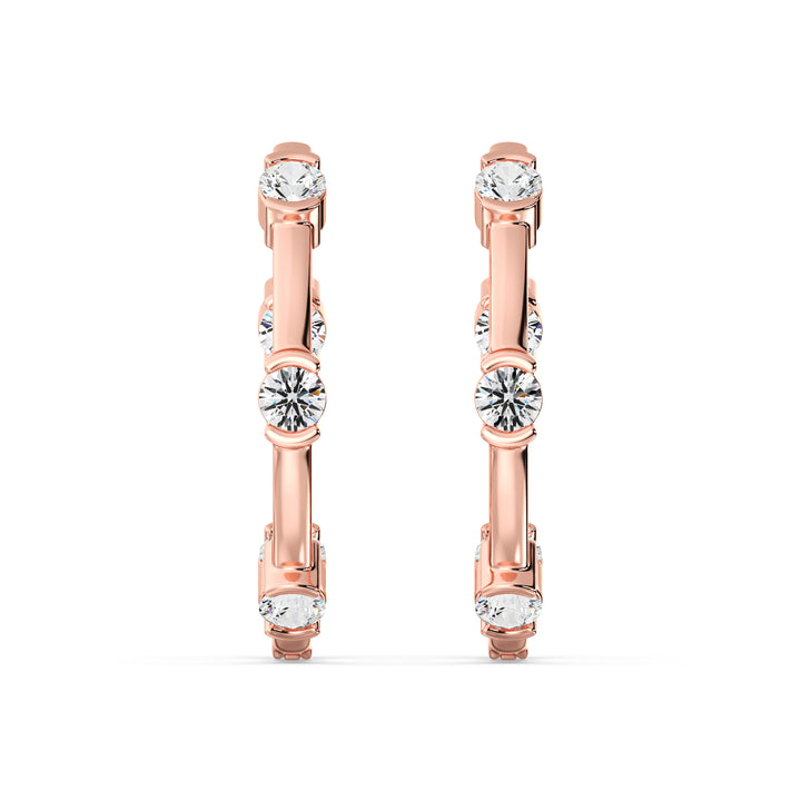 18K Rose Gold Hoop Earrings featuring 1.10 Ct EF/VS round lab-grown diamonds, highlighting a sophisticated and romantic look
