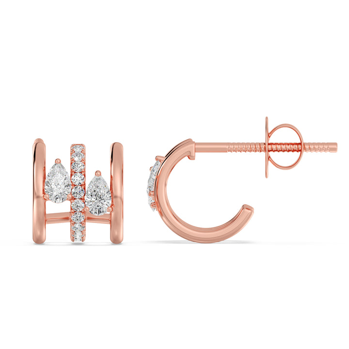 Rose Gold 18K Triple Hoop Huggie Earrings embellished with lab-grown pear and round-cut diamonds, showcasing a warm and elegant finish with a secure closure