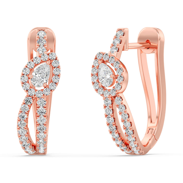 Twisted Hoop Earrings in 18K Rose Gold, adorned with round and pear-shaped lab-grown diamonds, highlighting the warm tones of rose gold and elegant craftsmanship