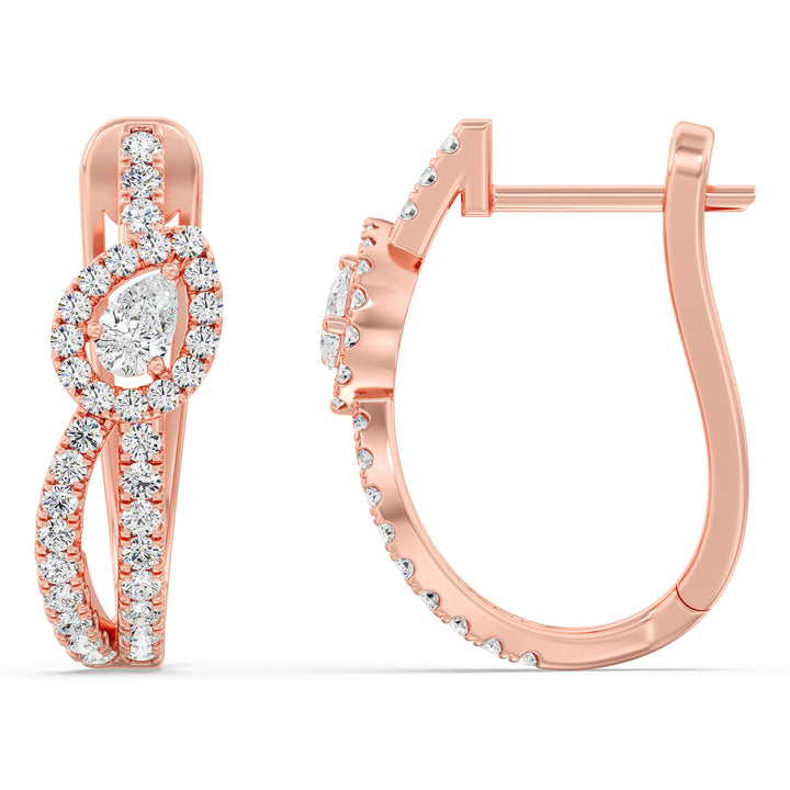 Twisted Hoop Earrings in 18K Rose Gold, adorned with round and pear-shaped lab-grown diamonds, highlighting the warm tones of rose gold and elegant craftsmanship