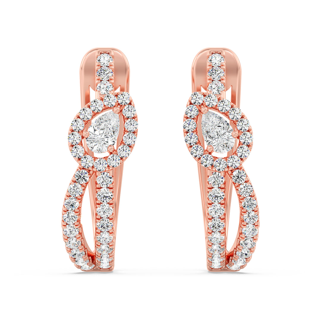 Twisted Hoop Earrings in 18K Rose Gold, adorned with round and pear-shaped lab-grown diamonds, highlighting the warm tones of rose gold and elegant craftsmanship